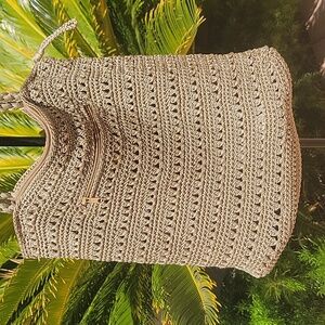 Rich Beige Crotchet Knitted Dual-Handle Shoulder Bag